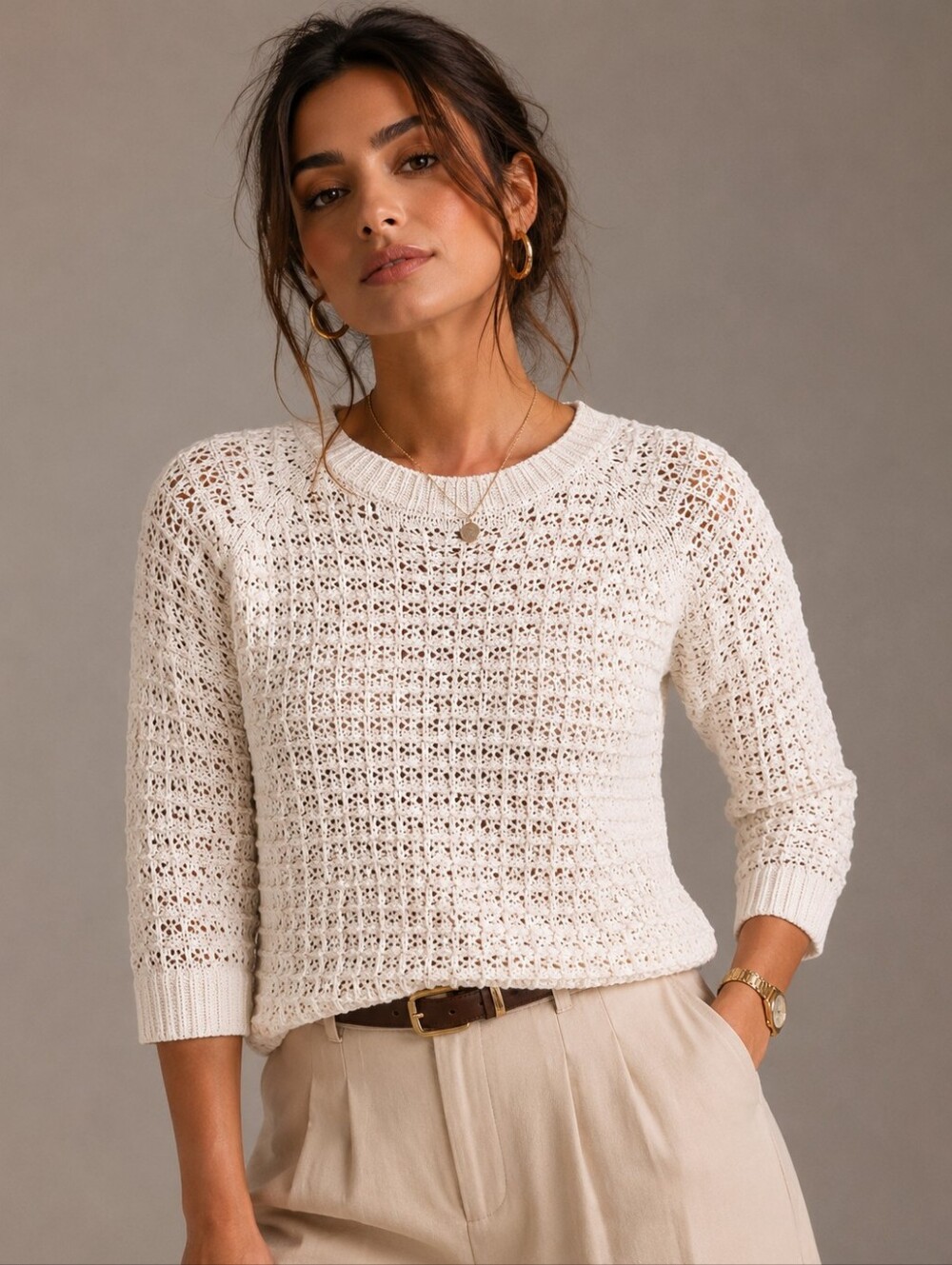 Massimo Dutti Italian Yarn Ivory Knit Sweater Crew Neck Minimalist Quiet Luxury